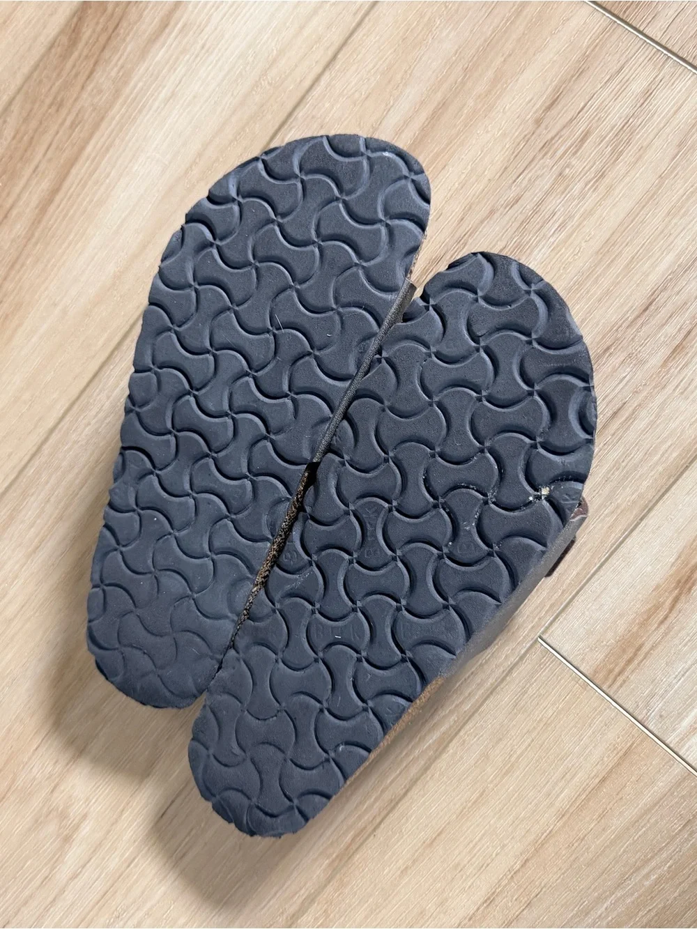 Birkenstock Taupe Single-Strap Slide Sandals with Copper Buckles